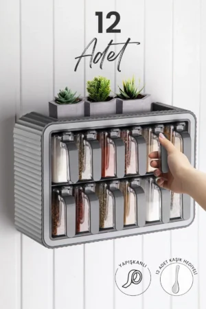 12 Pièces Ensemble de Bocaux à Épices Autocollants avec Support, Couvercles et Cuillères - Bocaux à Épices avec Poignée et Étiquette